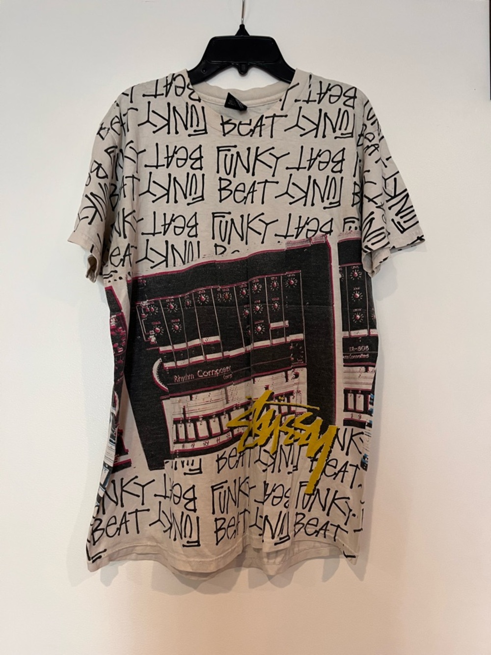 Vintage Stussy 'Funky Beat' T-Shirt in faded white, Black & Yellow